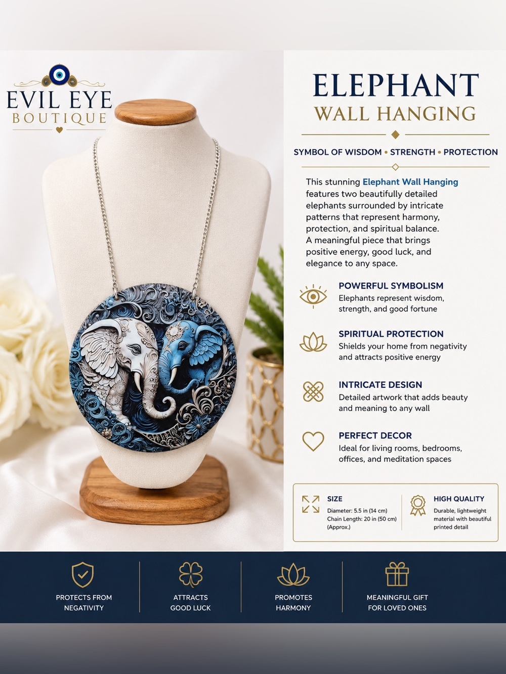 Evil Eye Boutique Blue & White Elephant Wall Hanging Necklace